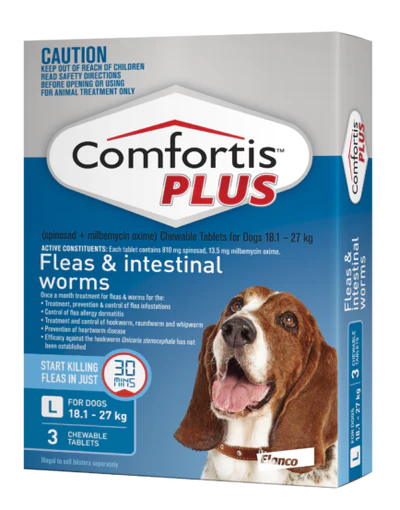 Comfortis Plus Chewable Flea & Worm Tablet for Dogs 18.1-27kg 3 Pack