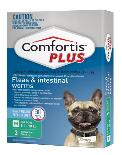 Comfortis Plus Chewable Flea & Worm Tablet for Dogs 9.1-18kg 3 Pack